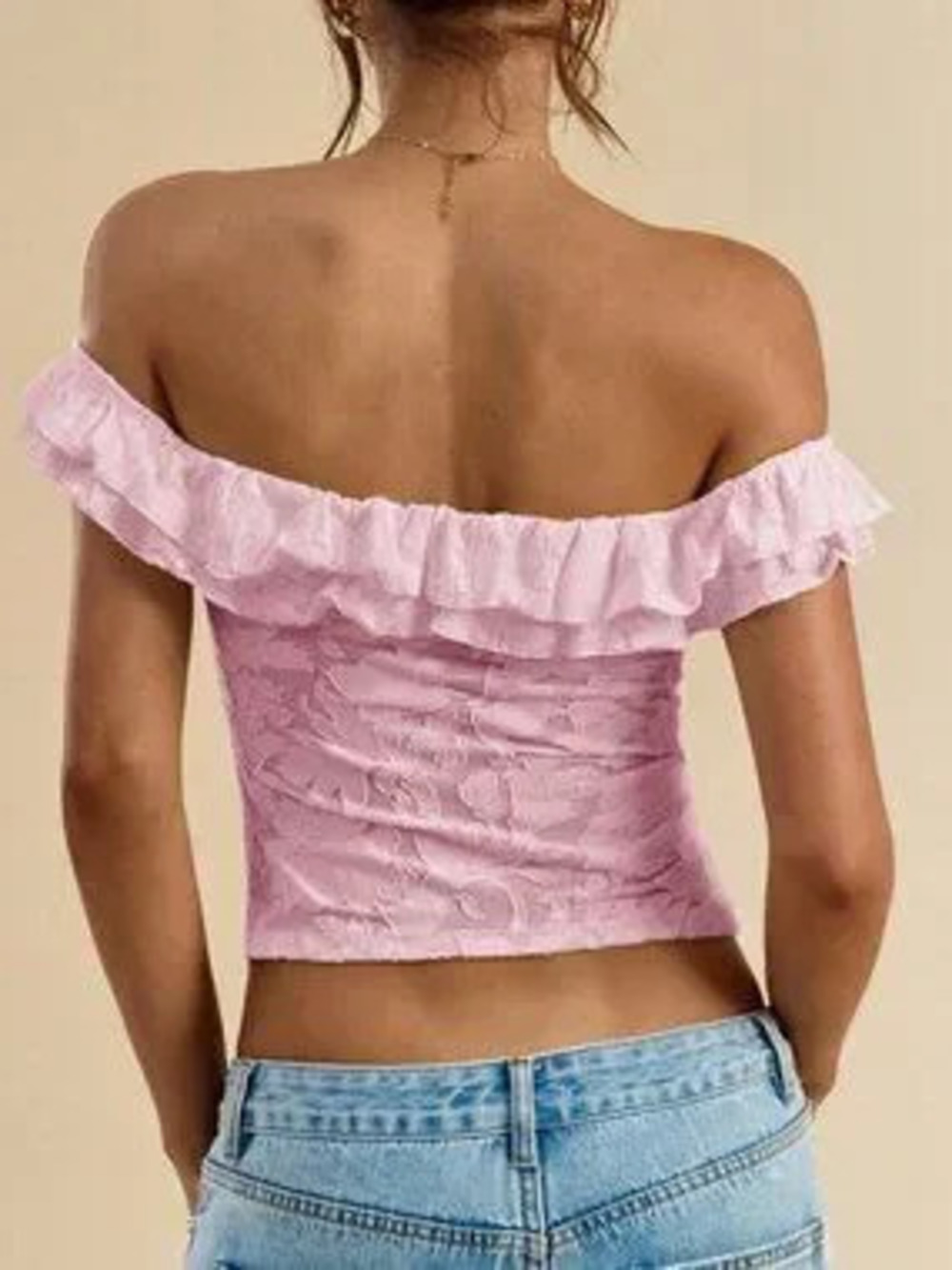 Baby Pink Casual Women's Textured Knit Off-Shoulder Ruffle Twist Bodycon Top